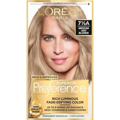 L'Oreal Paris Superior Preference Luminous Fade-Defying Permanent Hair Color, Hair Dye For Up to 9 Weeks of Radiance, Medium Ash Blonde 7.5A, 1 Hair Dye Kit