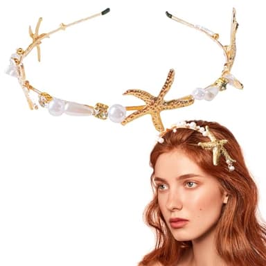 Jaczora Gold Fashion Beaded Starfish Headband, Pearl Starfish Mermaid Headbands, Beach Wedding Hair Accessories for Women