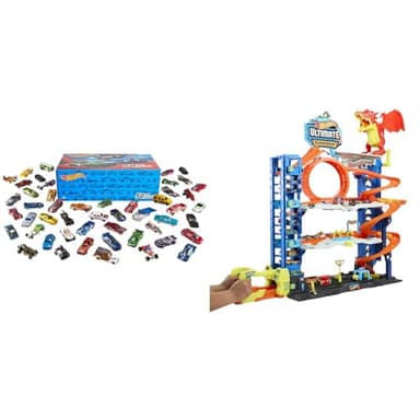 Hot Wheels City Ultimate Garage Playset with 2 Die-Cast Cars, Toy Storage for 50+ 1:64 Scale Cars, 4 Levels of Track Play + 50-Pack of 1:64 Scale Vehicles