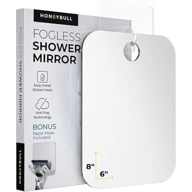HONEYBULL Fogless Shower Mirror for Shaving – Anti-Fog Acrylic Mirror with Razor Holder, No-Drill Wall Mount, Flat Design for Steam Showers, Medium 6x8in