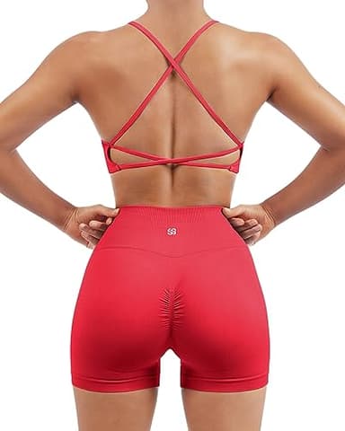 SUUKSESS Women Seamless 2 piece Workout Sets Strappy Padded Sports Bra Booty High Waisted Shorts Outfits (Red,M)