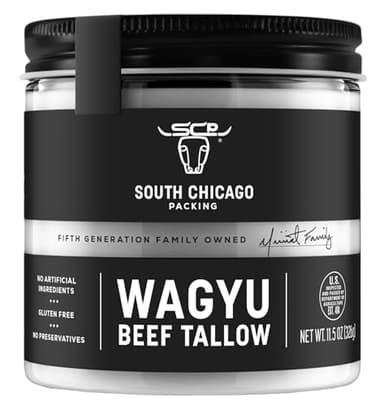 South Chicago Packing Wagyu Beef Tallow, 11.5 Oz Glass Jar, Perfect for Searing, Sauteing, Cooking, Pan Frying, Keto Friendly, Paleo Friendly, Pantry Staple