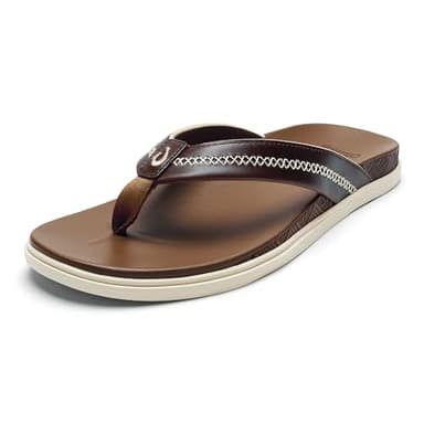 OLUKAI Men's Shoreline Leather Sandals, Everyday Flip-Flops with Premium Materials & Rich Details, All-Day Comfort & Arch Support, Toffee/Toffee, 9