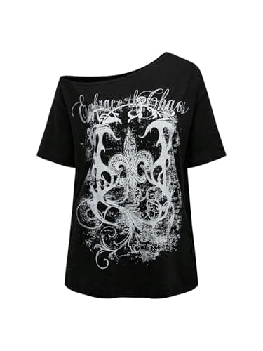 SOLY HUX Women's Off The Shoulder Tops Graphic Tees Y2k Vintage Gothic Oversized T Shirts Streetwear Black Graphic M