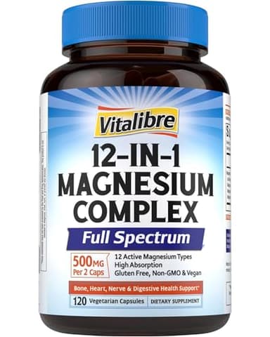 Vitalibre 12 in 1 Magnesium Complex Supplement 500mg | Max Absorption Chelated Magnesium Glycinate Citrate Malate & More for Bone, Nerve & Digestive Support | Non-GMO Vegan Capsules (120 Count)