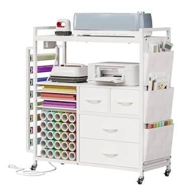 VENNQD Large Craft Organizer and Storage Rolling Cart Compatible with Cricut Machine with Fabric Drawers Vinyl Roll Holder Accessories for Home Craft Workstation Room (White)