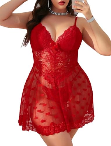 Alrovetoney Plus Size Lingerie Lace Babydoll Womens Teddy Nightdress Christmas Lingerie Dress Heart Printed Red XL