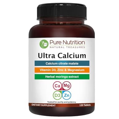 Pure Nutrition Ultra Calcium 1000mg with VIT D3 + K2 | 120 Tab | Calcium Supplement with Calcium Citrate Malate, VIT D3, K2, Moringa Oleifera, Magnesium and Zinc.