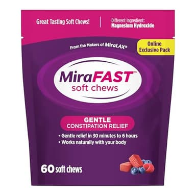 MiraFAST Soft Chews, from The Makers of MiraLAX, Gentle Constipation Relief, Fast Acting, Stimulant Free Saline Laxative, Magnesium Hydroxide, Blueberry & Raspberry Flavor, 60ct