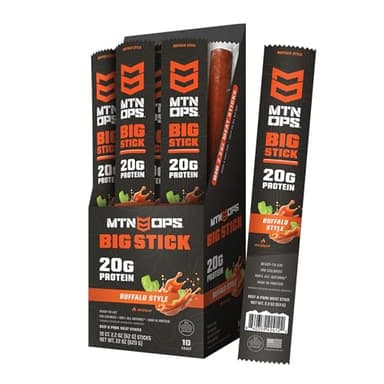 MTN OPS Big Stick High Protein Meat Sticks - 20g Protein, 10% Collagen - Buffalo Style Flavor - Individually Wrapped Beef Snacks - 10 Count Carton