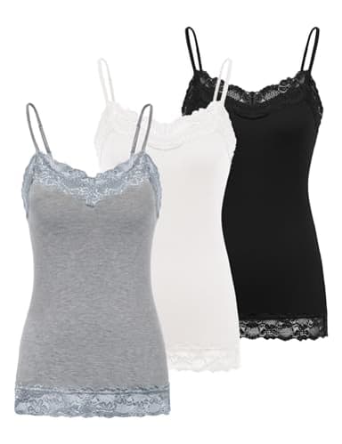 Kate Kasin Womens V Neck Layering Camis 3 Pack, Basic Sleeveless Tank Shirt, 2025 Trendy Sexy Cami Lace Trim(Black+Grey+White, M)