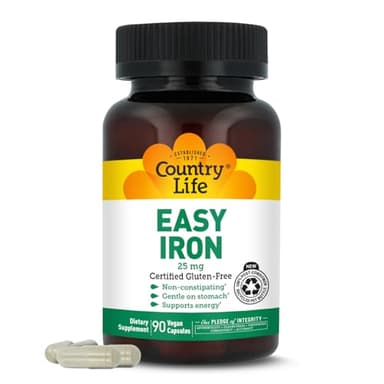 Country Life Easy Iron 25 mg | Gentle, Non-Constipating Iron Supplement | Supports Energy & Red Blood Cell Production | Certified Gluten-Free & Vegan | 90 Vegan Capsules