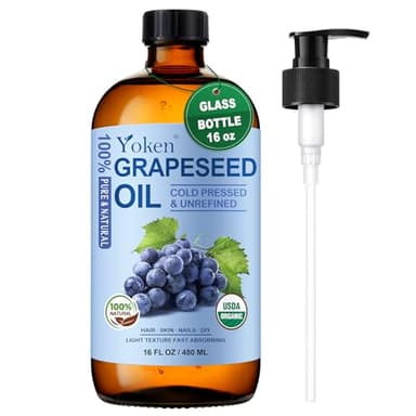 Yoken Organic Grapeseed Oil 16 oz GLASS BOTTLE - USDA 100% Pure & Natural Cold Pressed Grape Seed Carrier Oil for Skin & Hair - Single Ingredient, Hexane Free, Light & Silky Body Moisturizer