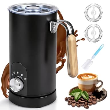 5-in-1 Electric Milk Frother and Steamer, Automatic Milk Foamer Hot Chocolate Maker with Wood Grain Handle, 11.8oz Milk Warmer and Heater for Latte, Cappuccino, Hot Cocoa Maker, Frother for Coffee