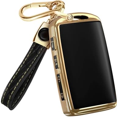 Lucrum for Mazda CX5 Key Fob Cover and Leather Keychain - TPU Key Case for Mazda 3, 6, CX-5, CX-9, CX-30, CX-50, CX-70-2019-2024 Keyfob Cover Compatible with WAZSKE11D0 - Black and Gold