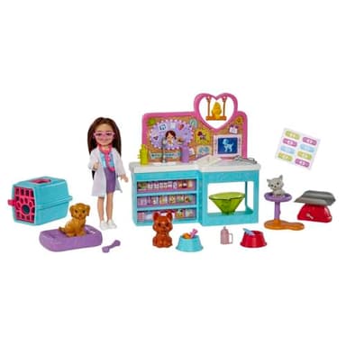Barbie Chelsea Doll and Accessories, Pet Vet Playset with Doll, 4 Animals and 18 Pieces