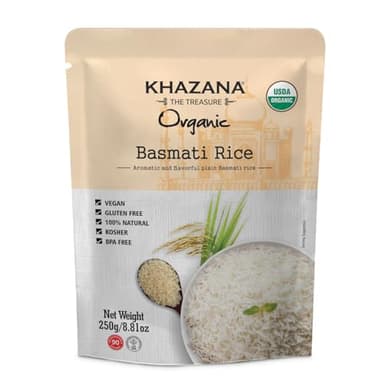 Khazana Organic Basmati Rice - Ready to Heat (1-Pack, 8.8oz) - Authentic, Aromatic & Flavorful Indian Grain - Non-GMO, Vegan, Gluten-Free, Kosher - Microwaveable Instant Rice in 90 Seconds