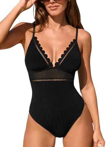 CUPSHE Women's One Piece Swimsuit Scalloped V Neck Bathing Suit Mesh Cutout Adjustable Straps Spaghetti Textured Sexy, M Black