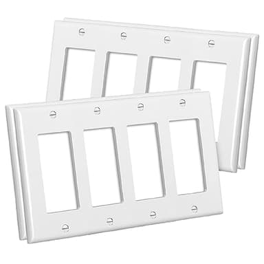 CML 4-Gang Decorator Wall Plates, 4 Pack Electrical Outlet Receptacle Covers and Switch Plates, Standard Size 4.5”x8.23”, Impact Resistant, UL Listed, White