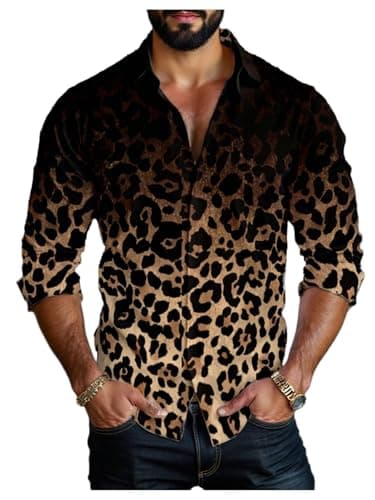 BEAUDRM Men's Leopard Shirts Cheetah Long Sleeve Button Down Collared Shirts 70s Disco Party Top Brown Large