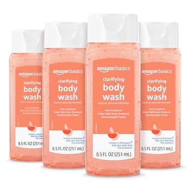 Amazon Basics Clarifying Pink Grapefruit Body Wash, 2% Salicylic Acid Acne Treatment, Foaming, Refreshing, Prevents Breakouts, Dermatologist Tested, 8.5 fl oz, 4-Pack (Previously Solimo)