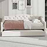 Aiuyesuo Modern Twin XL Size Daybed with LED Belt and Trundle, Wooden Platform Bed Frame with Upholstered Storage Headboard,U-Shaped Sofa Bed for Living Room, Bedroom and Guest Room (Beige-V40)