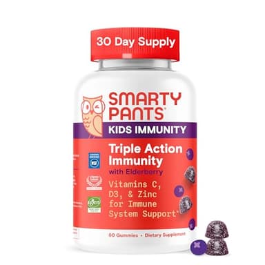 SmartyPants Kids Immunity Elderberry Gummies: Kids Immune Support Supplement, Vitamin C, Vitamin D, Vitamins B6 & B12 and Zinc, Gluten Free, Elderberry Flavor, 60 Count (30 Day Supply)
