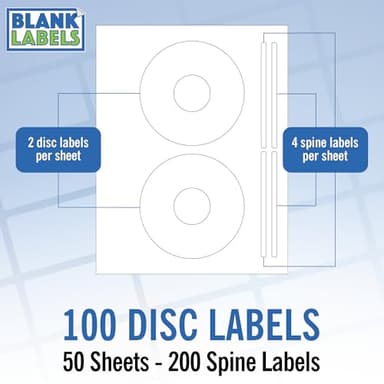 CD/DVD Label Full Face | Qty 100 Disc, 200 Spine | 50 Sheets Total | Permanent White Matte | Inkjet & Laser Compatible | Blank Label