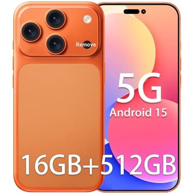 SUNSAMITO F17 PM,16GB+512GB Unlocked Cell Phone, 5G Android 15 Phone 6.9 Inches Full HD+OLED Screen, 104MP+32MP Camera, 5000mAh Battery/Face ID/GPS/Wi-Fi/Bluetooth/Dual SIM (Orange)