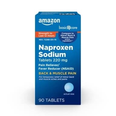 Amazon Basic Care Back and Muscle Pain, 220 mg Naproxen Sodium Tablets, 12-Hour Pain Relief, Headache, Arthritis, Menstrual Cramps, Fever Reducer, 90 Count