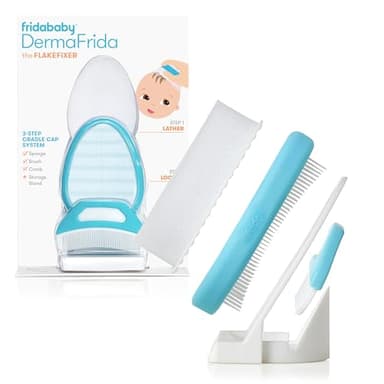 Frida Baby The 3-Step Cradle Cap System, DermaFrida The FlakeFixer, Sponge, Brush, Comb and Storage Stand for Babies with Cradle Cap, White-Blue