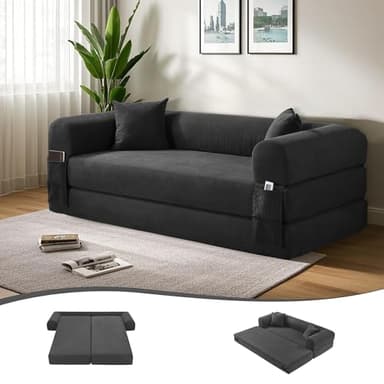 80" Convertible Sofa Bed, 3-in-1 Corduroy Folding Pull Out Couch with Pillows, No Assembly Modern Boneless Couch Compression Sofa in Box, Floor Sofa with Side Storage Pocket for Living Room,Dark Grey