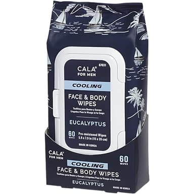 CALA for Men Cooling Face & Body Wipes, Eucalyptus Leaf Oil + Witch Hazel, Unscented Pre-Moistened Cleansing Tissues for Sweat & Grime, Soft Woven Cloth, 60 Sheets