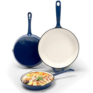 Nonstick Enameled Cast Iron Cookware - 3 enameled cast iron skillet 8-Inch, 9.5" Frying Pan & 11-Inch Large Cookware, Healthy Non Toxic Cooking Pan, PFOA PFAS PTFE Free, Navy
