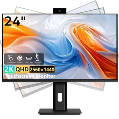 Pisichen Touchscreen Monitor 24 Inch with Webcam Full HD 2560x1440P @100Hz 10-Point Multi Touch Screen PC Monitor, HDMI VGA USB Port, Built-in Speakers