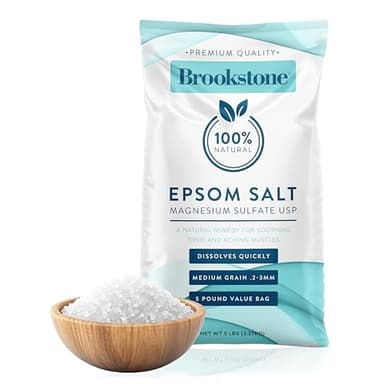 Brookstone 5 lb Epsom Salt Bulk Bag - Premium Magnesium Sulfate USP, Medium Grain Unscented Bath Soak Salt - Pure Epsom Salt for Bath, Foot Soak, Muscle Relief, Stress Relief & Skin Care