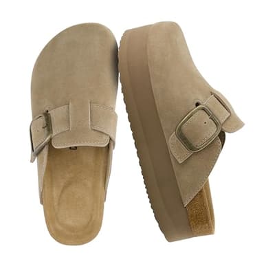 CUSHIONAIRE Women's Granola *Previous Buckle Issue Fixed* Genuine Suede Cork Footbed Platform Clog, +Comfort, Wide Widths Available, Khaki 11