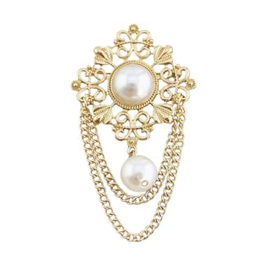 Vintage Round Simulated Pearl Filigree Flower Chain Tassel Brooches Lapel Pins for Women Party Dance Banquet Dainty Boho Dangle Drop Pin Dress Suit Clothes Accessories Jewelry (White)