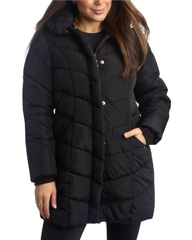 Steve Madden Women’s Winter Jacket – Insulated Weather Resistant Quilted Mid-Length Puffer Parka Coat (S-3X), Size Medium, Black