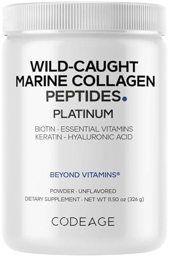 Codeage Marine Collagen Protein Powder Supplement Platinum - Biotin 10,000 mcg, Vitamin C, D3 & B6, Keratin, Hyaluronic Acid, Niacin, Wild Caught Hydrolyzed Fish Collagen Peptides - Non-GMO - 11.50 oz
