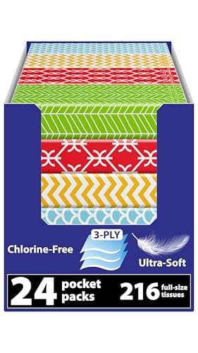 Travel Tissue Packs – 24 Compact 3-Ply Packs (216 Total), Soft Chlorine-Free Facial Tissues for Purse, Car, or School, Gentle & Durable, Non-Bleach, Stylish Geometric Design
