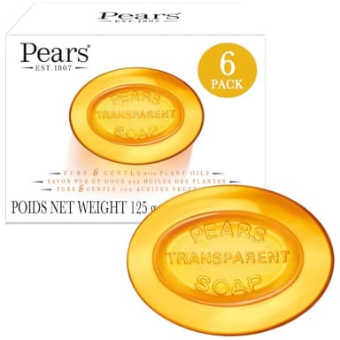 Pears Soap, Pure & Gentle with Natural Oils, 6-Pack – Transparent Amber Glycerin Soap for Pampered, Glowing Skin, 4.4 Oz Ea