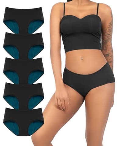TIICHOO Period Panties Women Heavy Flow Leakproof Underwear for Women Incontinence Menstrual Underwear 5 Pack (5 Black, Medium)