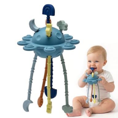 Silicone Baby Sensory Pull String Toy for 18+ Months, Montessori Toys for Toddlers, Sensory Activity Travel Toy for Airplane Car Seat Stroller, Fine Motor Skills Early Learning Gift (Blue)