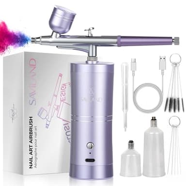 SAVILAND Airbrush for Nails: Limitless Nail Art Creativity Airbrush Kit Pro Dual-Mode Rechargeable 0.3mm Nozzle Makeup Set Nail Airbrush Machine for Ombre French Airbrush Paint Salon（Purple）