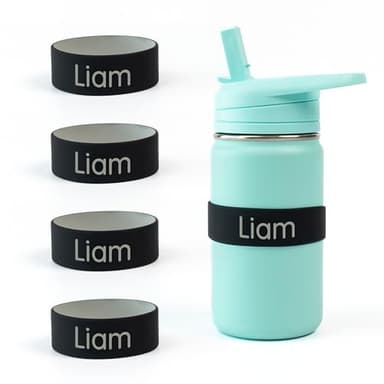 Mabel’s Labels Personalized Two-Tone Engraved Silicone Name Bands – Reusable Dishwasher-Safe Name Bands for Water Bottles, Sippy Cups & Drinkware (Black & Gray, 4 Pack)