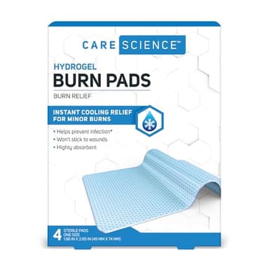 Care Science Hydrogel Sterile Burn Dressing Bandage Pads for Burn Relief, 4 ct | Instant Cooling Relief for Minor Burns & Wounds