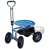 Sunnydaze Garden Seat with Wheels - Rolling Garden Stool with Extendable Steer Handle, Swivel Seat and Utility Tool Tray - Blue
