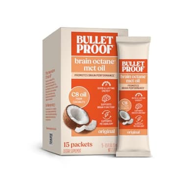 Bulletproof Brain Octane C8 MCT Oil Packets, Pack of 15 – 100% Pure Coconut Oil, Triple-Distilled Keto Energy Supplement for Coffee & Smoothies, Unflavored, No Additives or Fillers, Non-GMO