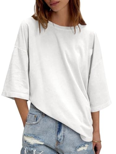 Tankaneo Womens Oversized Half Sleeve T-Shirts Summer Casual Crew Neck Tunic Tops Loose Fit Boxy Basic Tees White